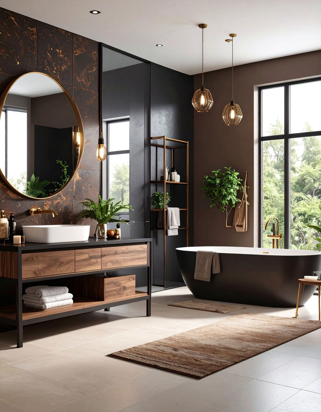 Brown and Black Bathroom with Mixed Metal Hardware and Rich Textures - 20 brown and black bathroom ideas
