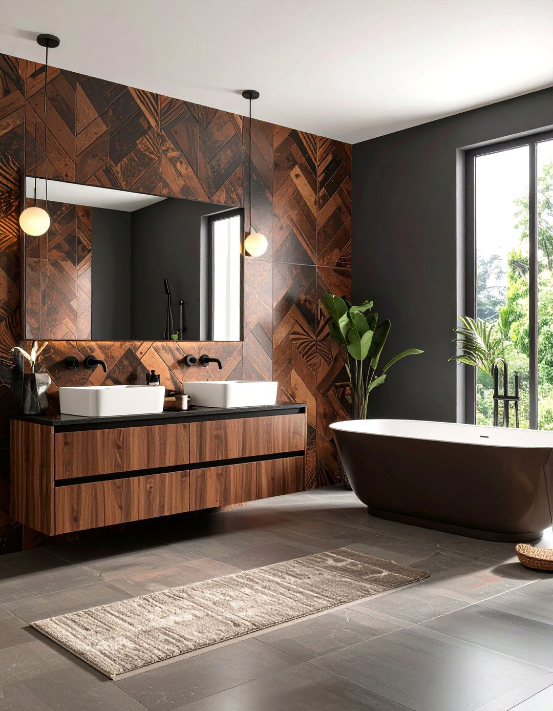Brown and Black Bathroom with Patterned Wallpaper and Coordinated Fixtures - 20 brown and black bathroom ideas
