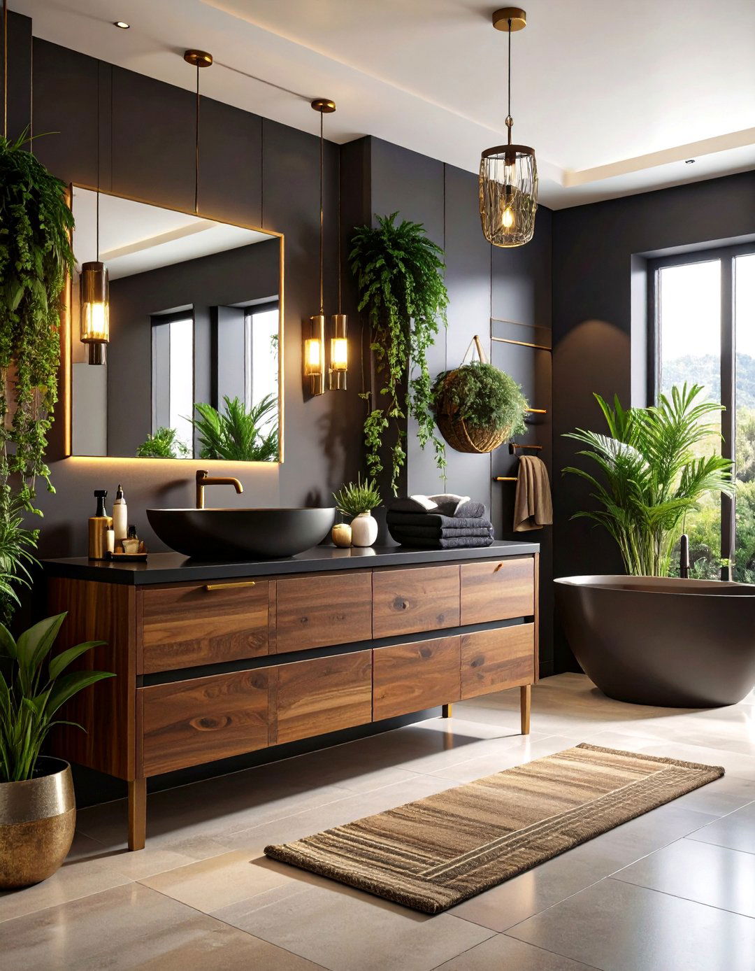 Brown and Black Bathroom with Rich Wood Vanity and Matte Black Fixtures - 20 brown and black bathroom ideas