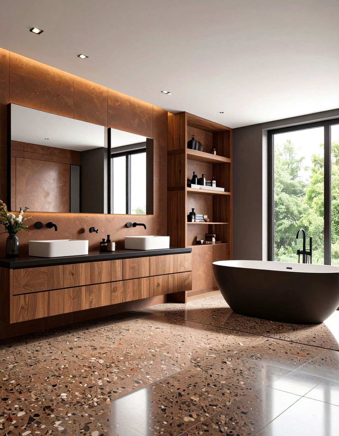 Brown and Black Bathroom with Terrazzo Flooring and Wood Accents - 20 brown and black bathroom ideas