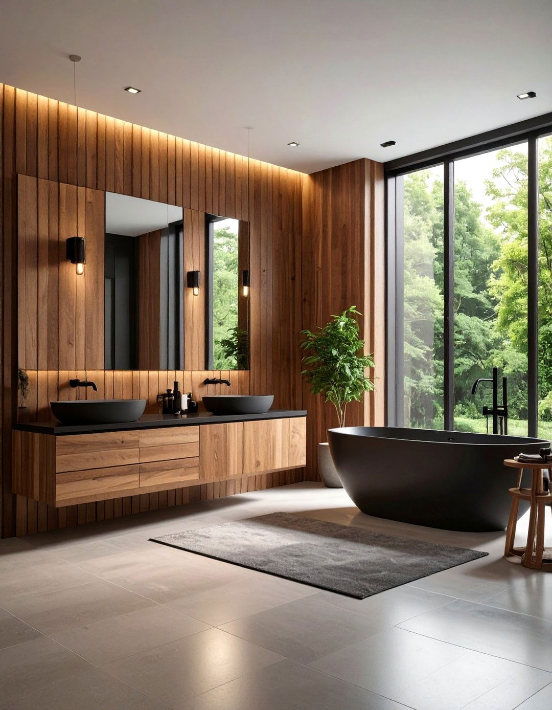 Brown and Black Bathroom with Vertical Wood Slats and Minimalist Design - 20 brown and black bathroom ideas