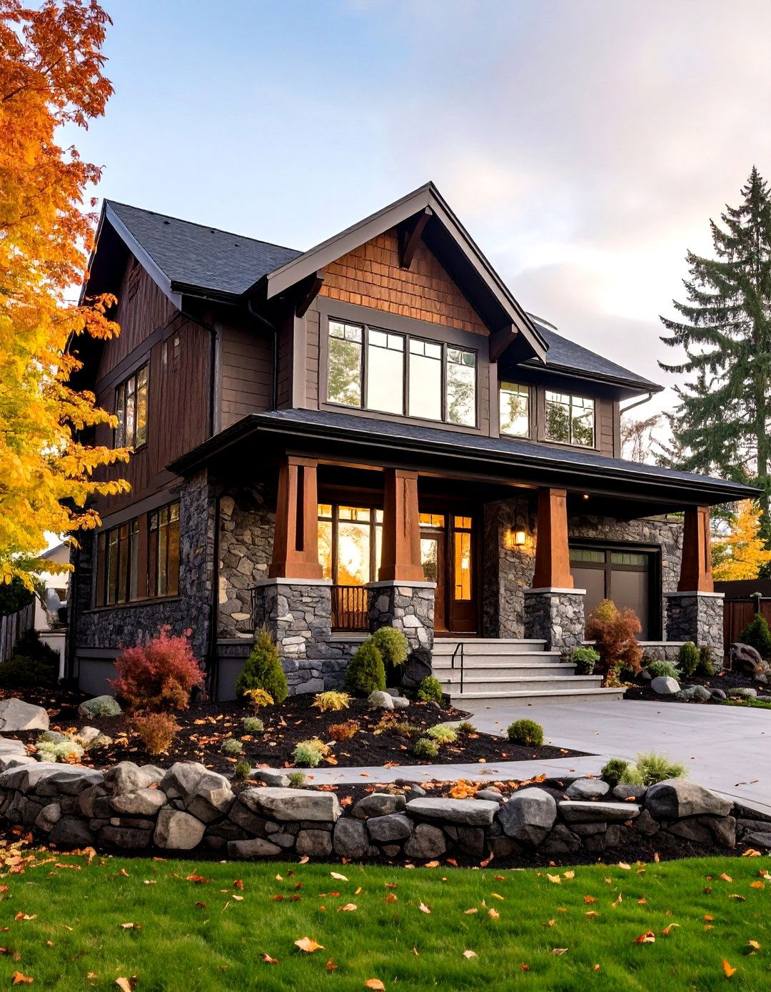 Brown and Black with Natural Stone Wainscot - 20 Dark Brown House With Black Trim