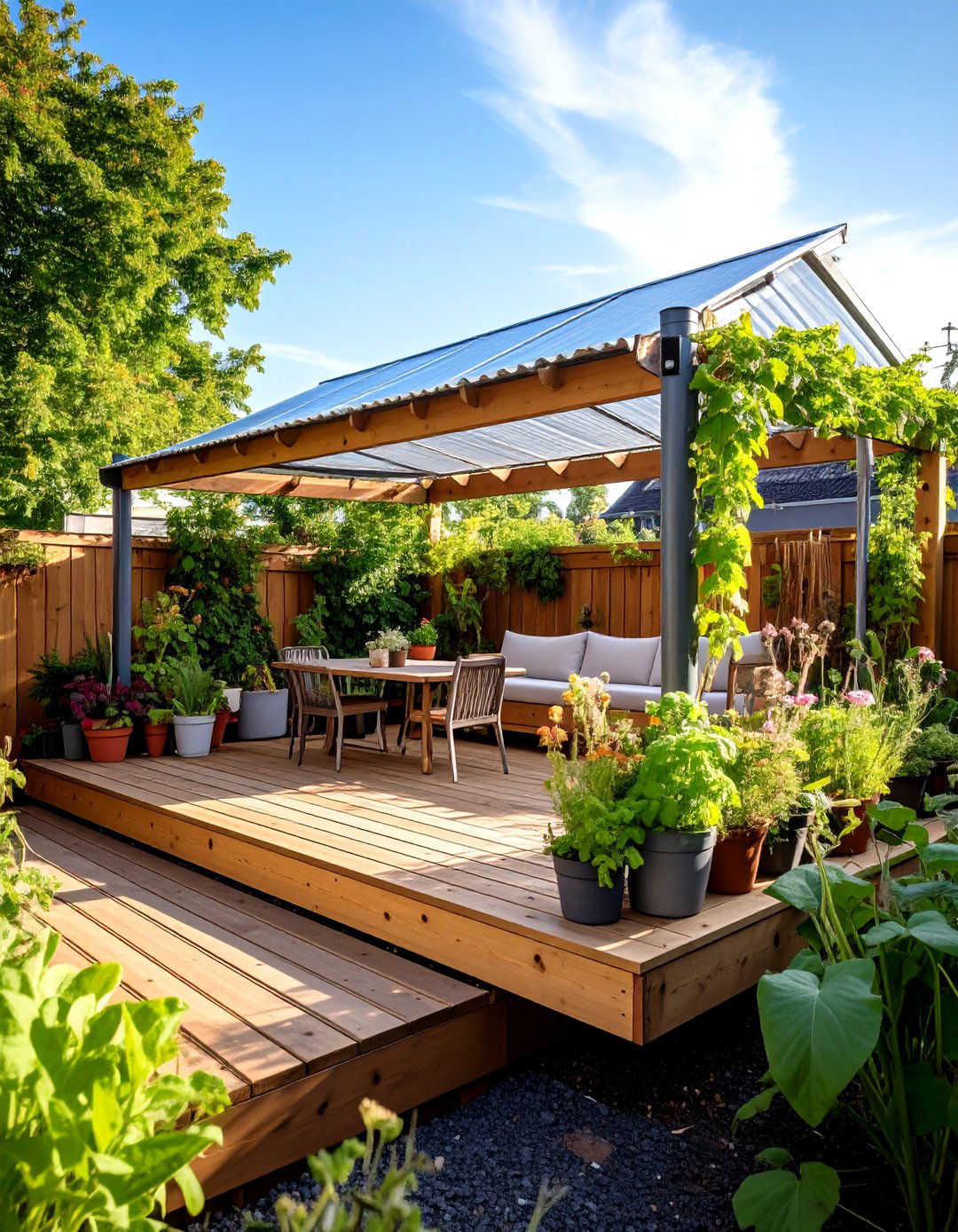 Budget Courtyard Deck with DIY Cover - 20 Ground Level Deck Ideas
