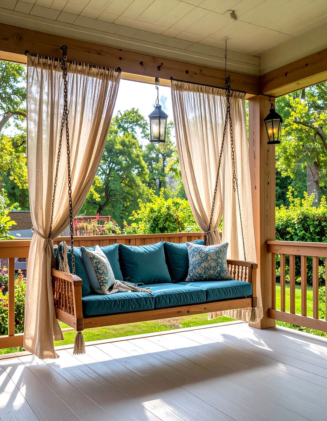 Bug Blocking Curtain Front Porch Swing - 20 Front Porch Swing Ideas