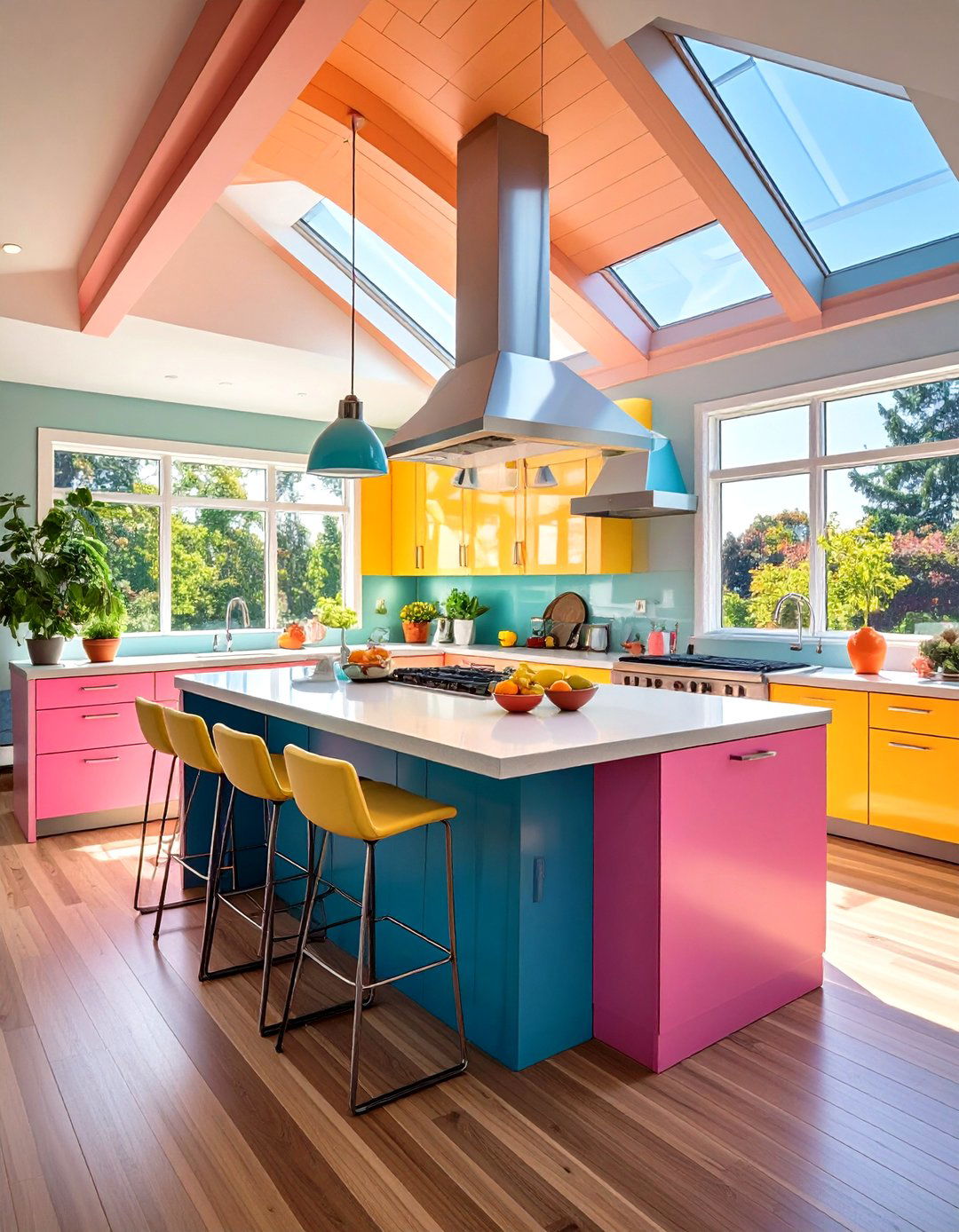 Build Floating Islands with Varied Heights - 20 Sloped Ceiling Kitchen Ideas