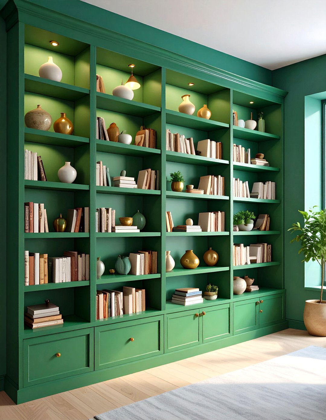 Build Forest Green Shelving for Library Vibes - 20 Forest Green Living Room Ideas