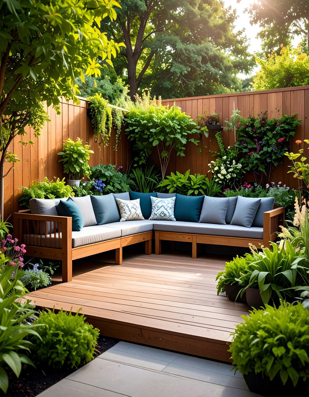Built In Bench Deck Flowing into Patio Planter Wall - 20 Deck and Patio Combination Ideas