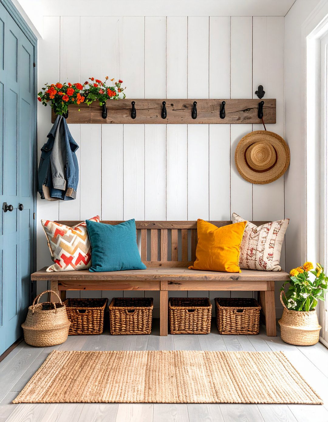Built In Bench and Hook Panel Entryway Wall - 20 Entryway Wall Ideas
