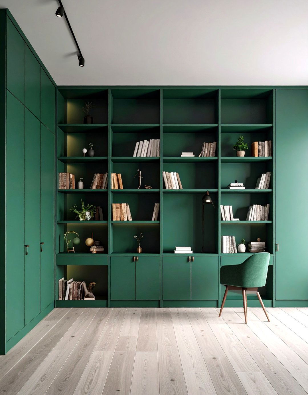 Built In Bookcases Painted the Same Moody Green - 20 Dark Green Home Office Ideas