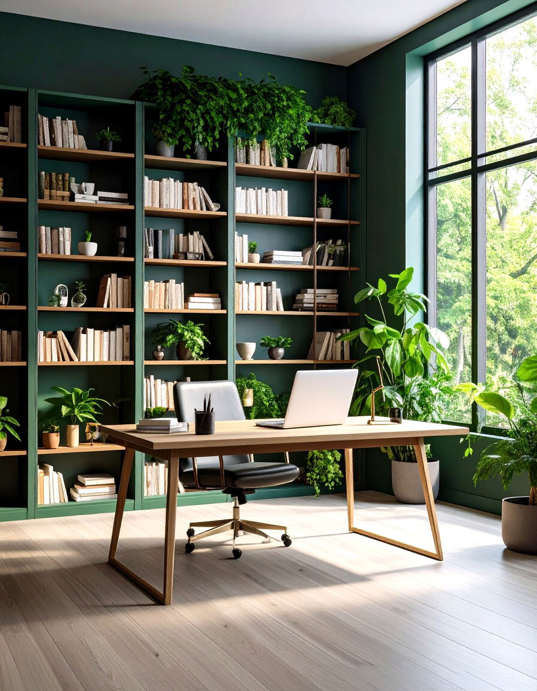 Built In Dark Green Bookcases that Frame the Desk - 20 Dark Green Office Ideas and Inspiration