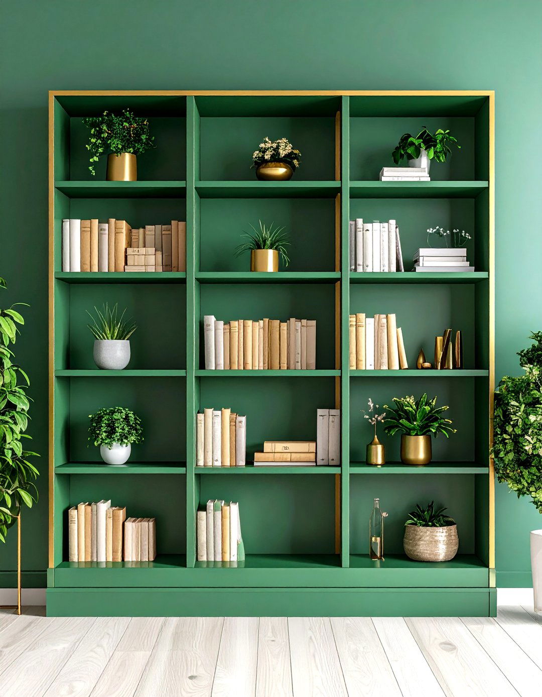 Built In Green Bookshelves with Gold Hardware in a Living Room - 20 Green and Gold Living Room Ideas