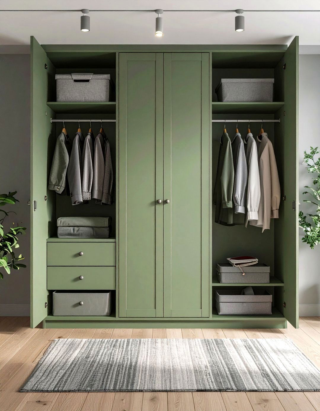 Built In Sage Green Cabinetry with Grey Hardware - 20 Sage Green and Grey Bedroom Ideas
