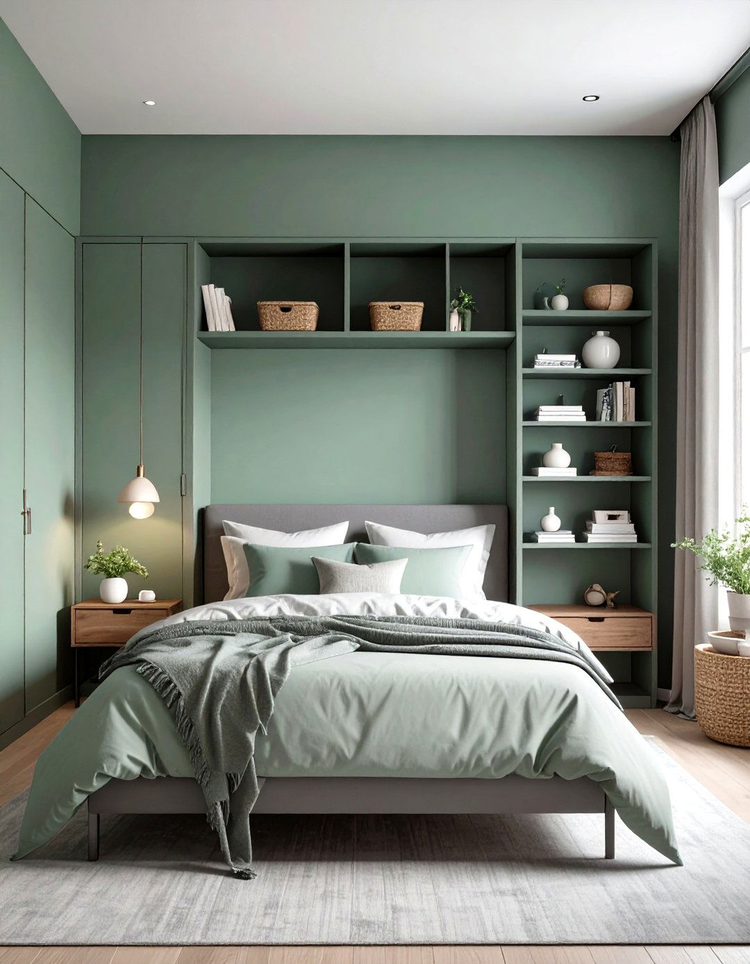 Built In Saybrook Sage Storage and Pewter Bedframe - 20 Green and Grey Bedroom Ideas