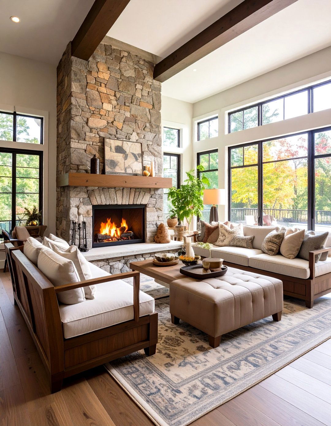 Built In Seating around Fireplace Base - 20 Two-story Fireplace Ideas