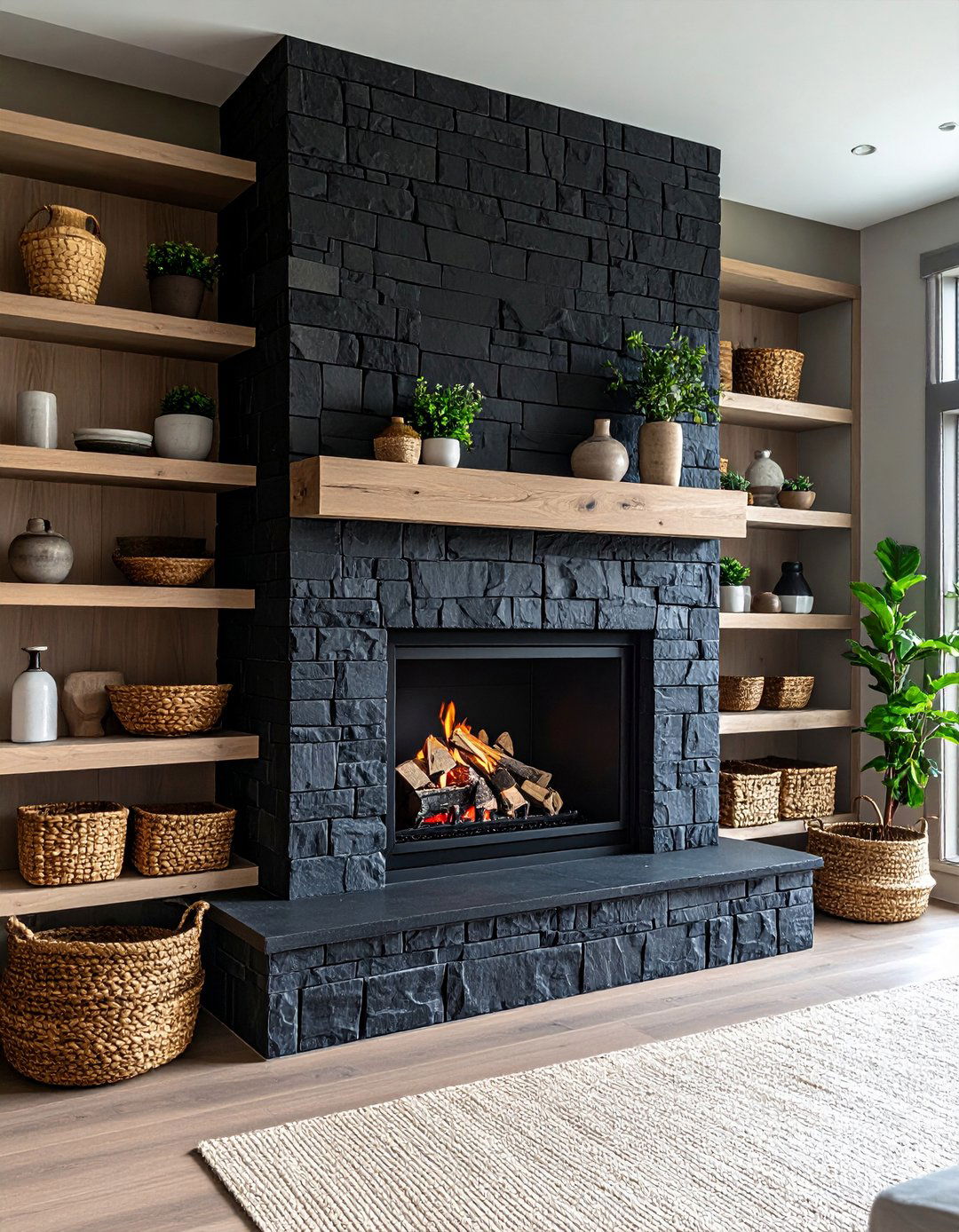 Built In Shelves Balance a Centered Black Stone Hearth - 20 Black Stone Fireplace Ideas