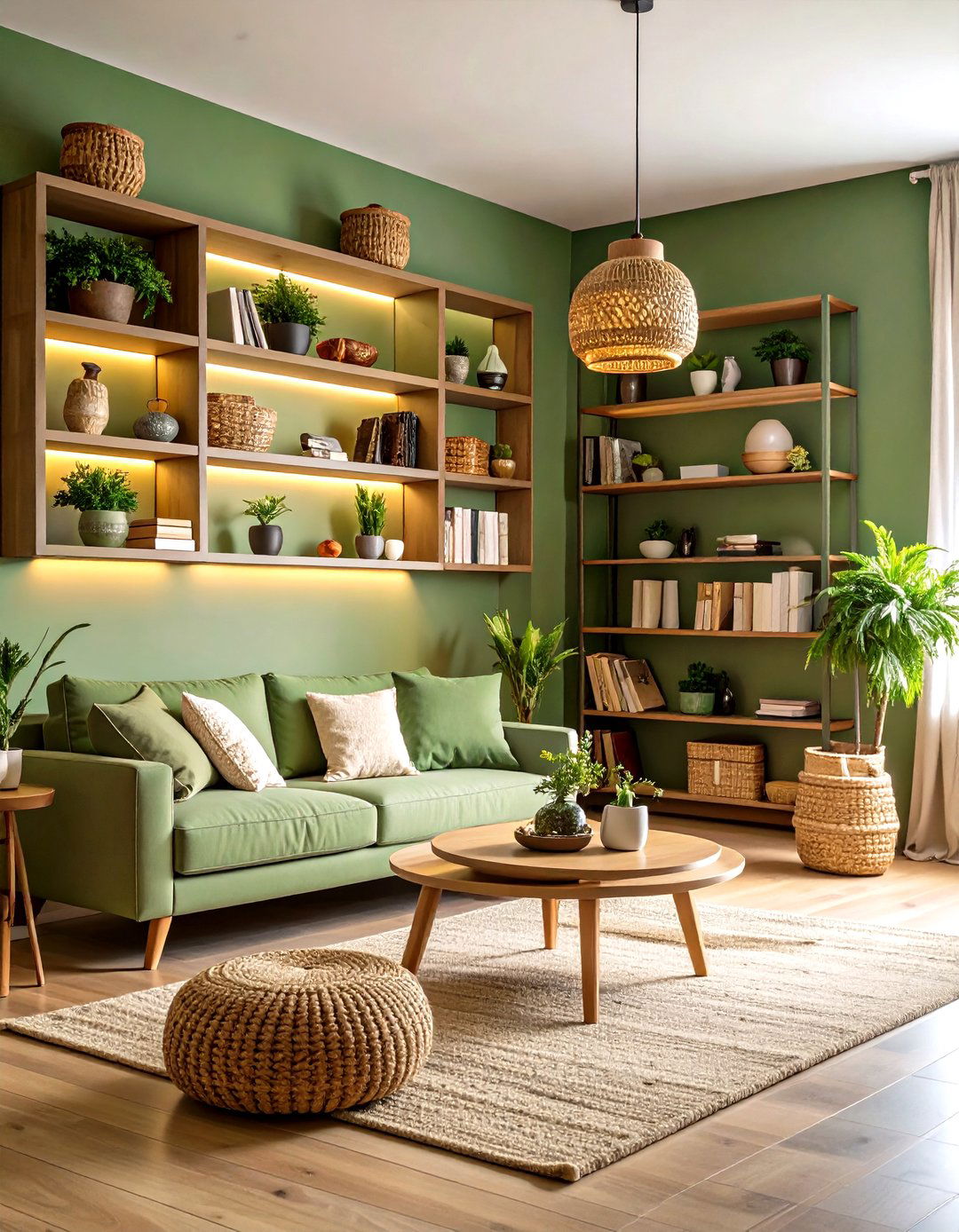 Built In Shelves Painted Sage Personalize Storage in a Green Living Room - 20 Green Living Room Ideas