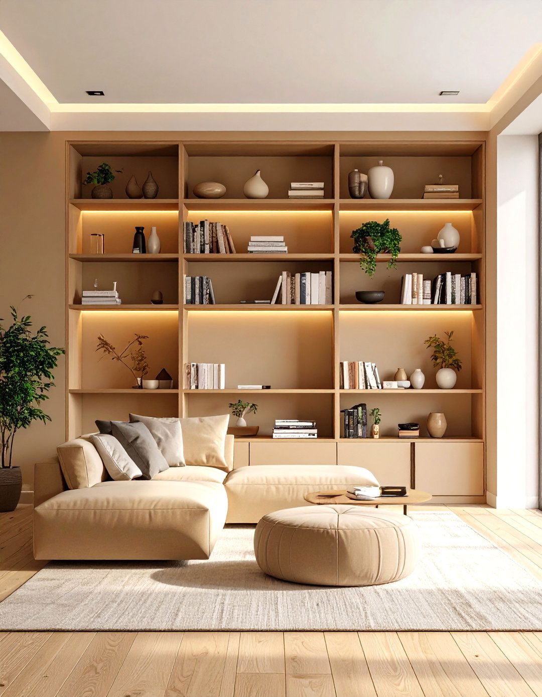 Built In Shelving Against a Tan Backdrop - 20 Tan Living Room Ideas