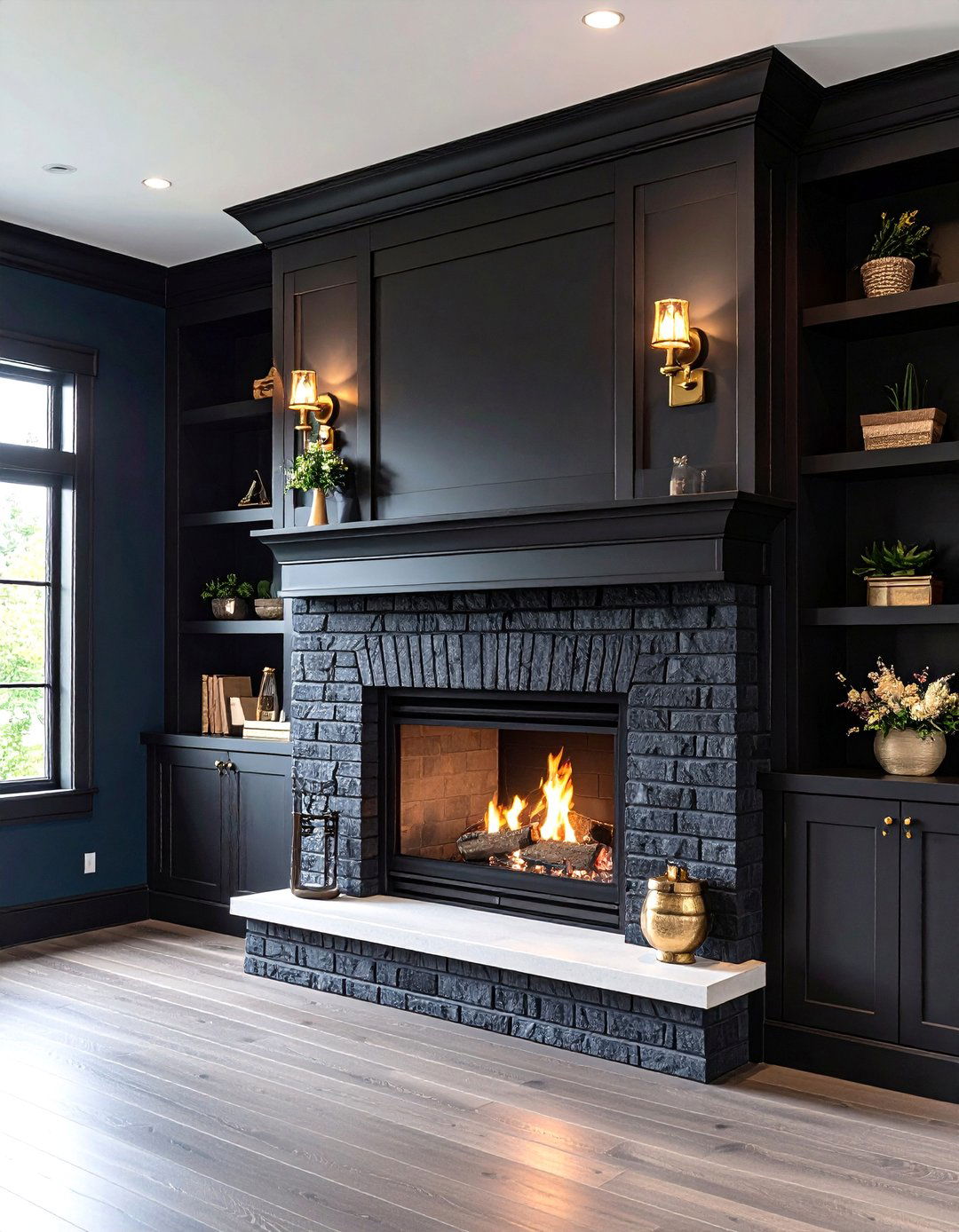Built In Shelving Black Brick Fireplace Wall - 20 Black Brick Fireplace Ideas