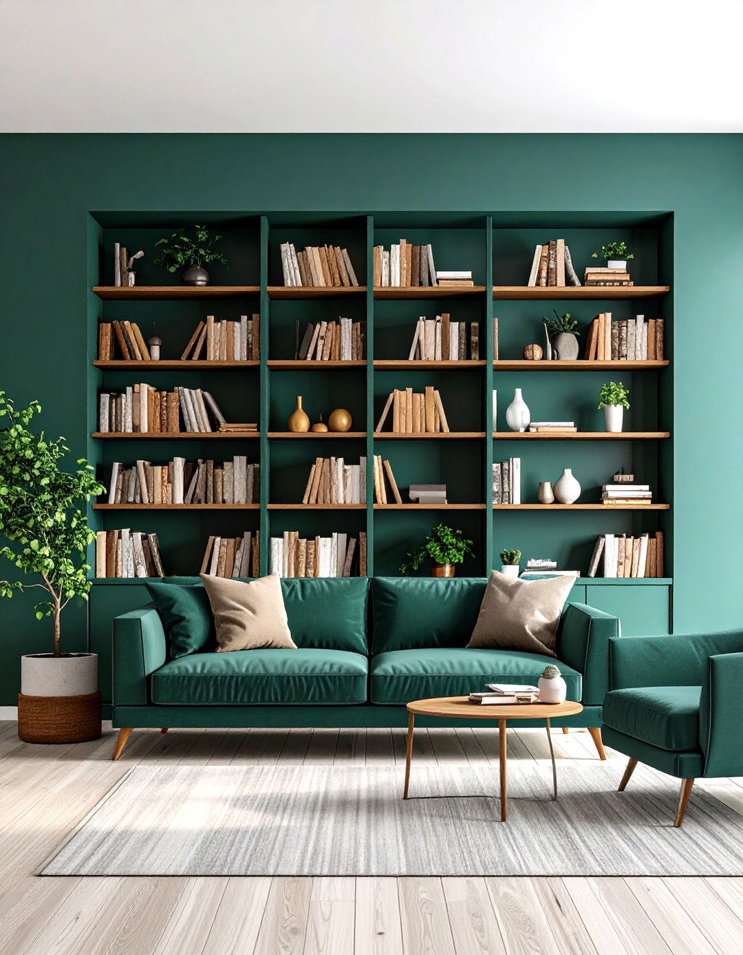 Built In Shelving as a Dark Green Accent Wall - 20 Dark Green Accent Wall Ideas