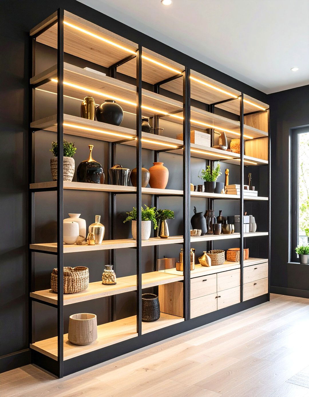 Built In Shelving on a Black Accent Wall - 20 Black Accent Wall Ideas