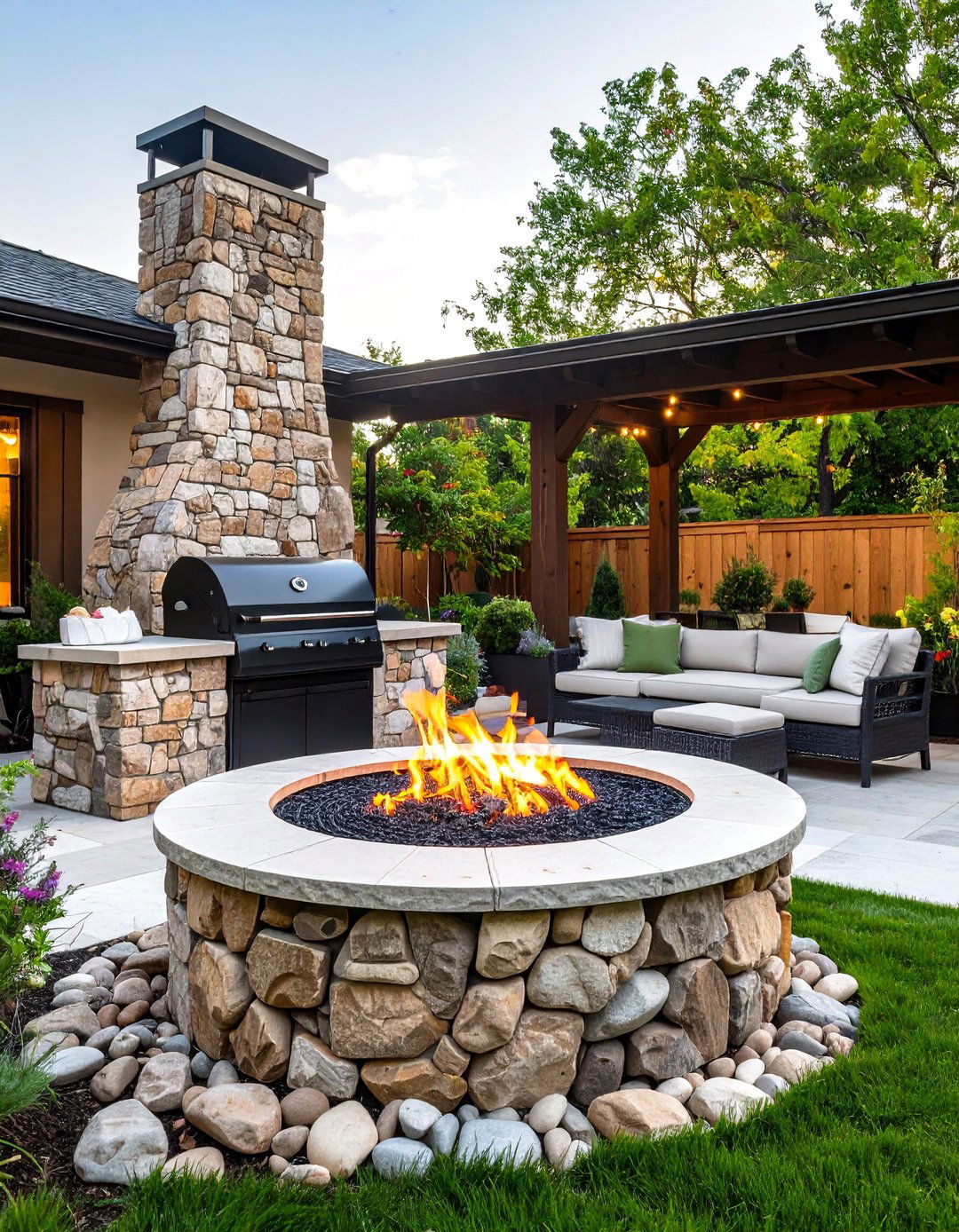 Built In Stone Pit with Grill Attachment - 20 Stone Fire Pit Ideas