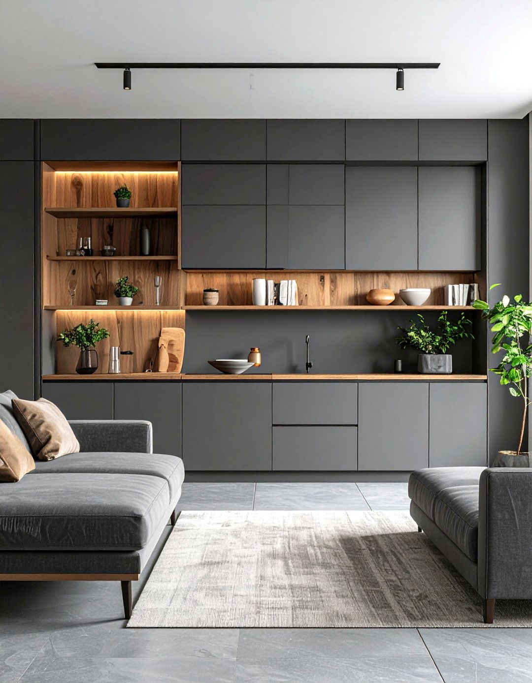 Built In Storage for Seamless Design - 20 Grey Living Room With Dark Wood Floors