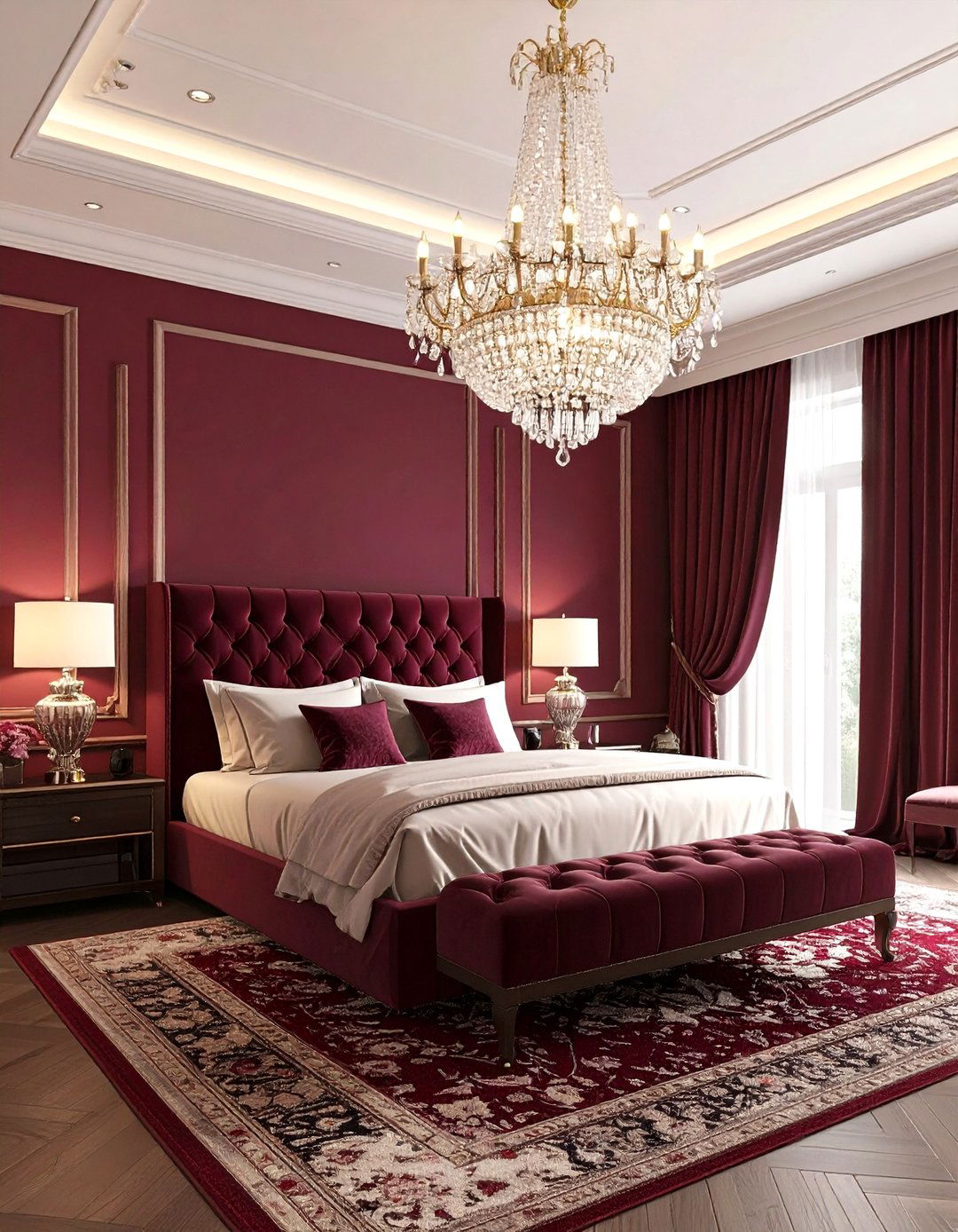 Burgundy Bedroom Featuring Statement Lighting and Dramatic Ambiance - 20 Burgundy Bedroom Ideas
