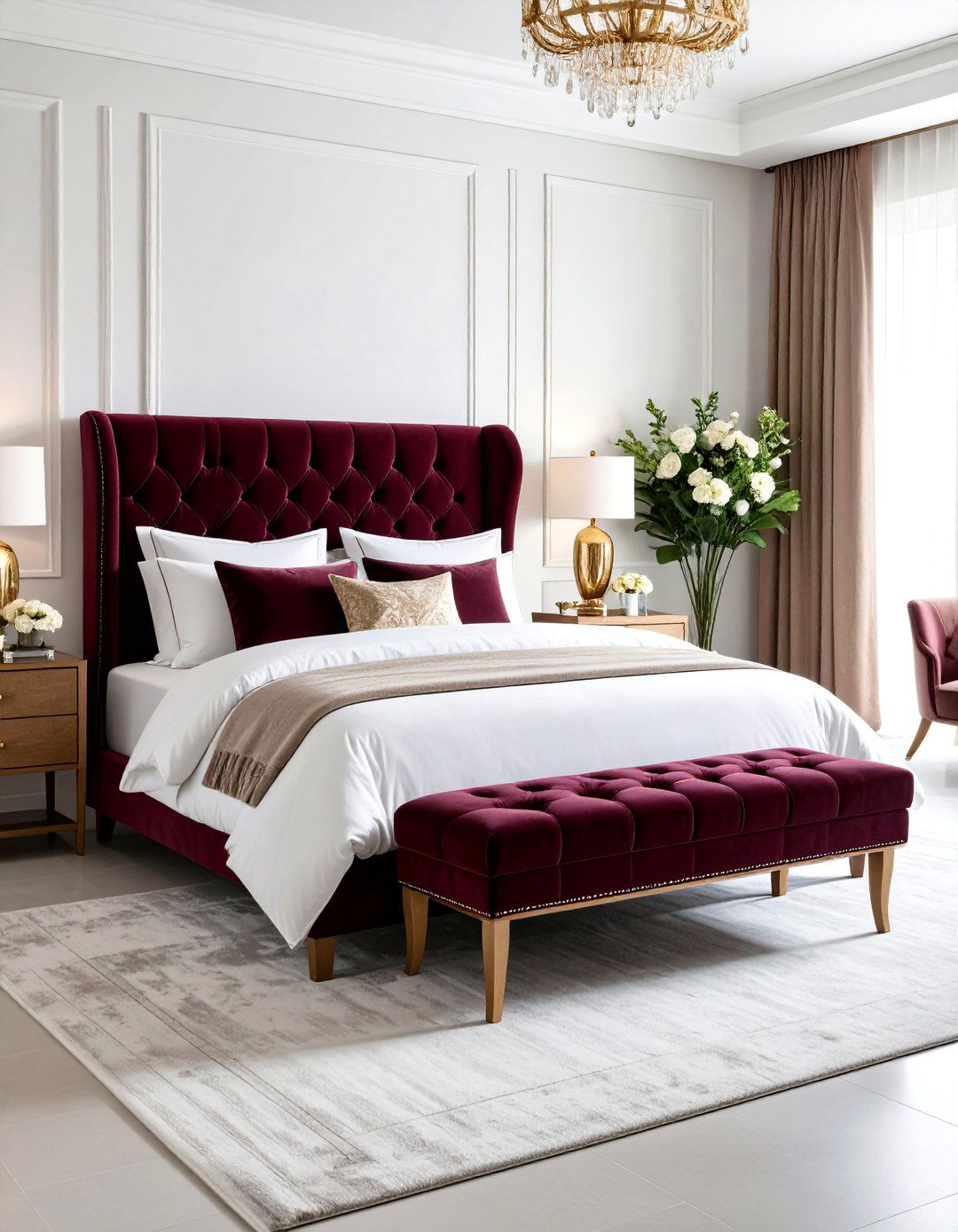 Burgundy Bedroom Featuring Velvet Upholstered Furniture - 20 Burgundy Bedroom Ideas