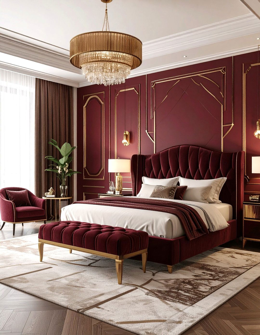 Burgundy Bedroom with Art Deco Glamour and Geometric Patterns - 20 Burgundy Bedroom Ideas