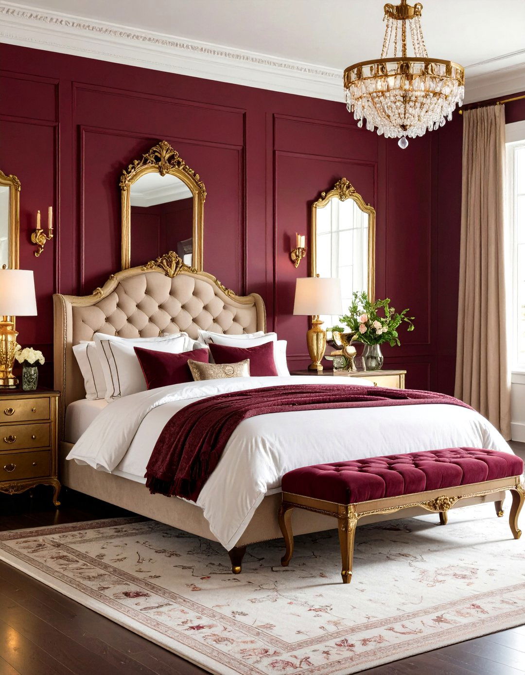 Burgundy Bedroom with Brass Hardware and Vintage Charm - 20 Burgundy Bedroom Ideas