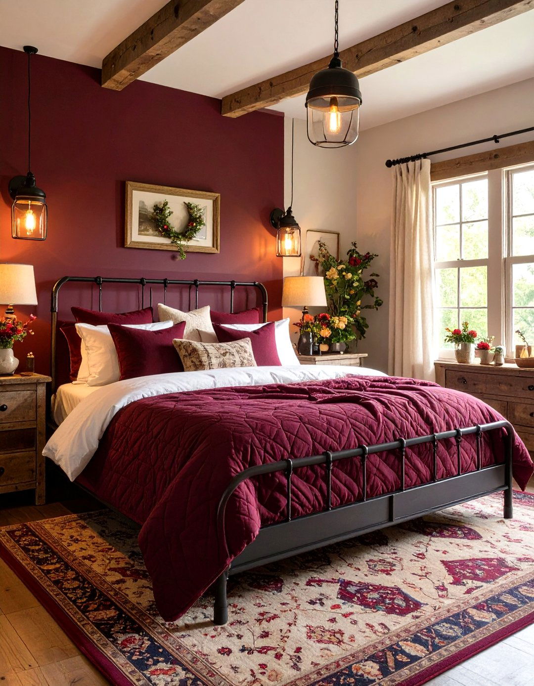 Burgundy Bedroom with Farmhouse Rustic Charm Elements - 20 Burgundy Bedroom Ideas