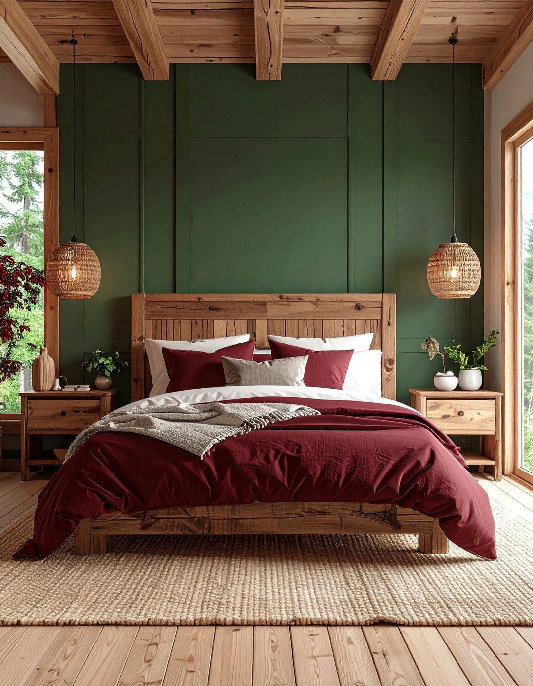 Burgundy Bedroom with Forest Green and Natural Wood Accents - 20 Burgundy Bedroom Ideas