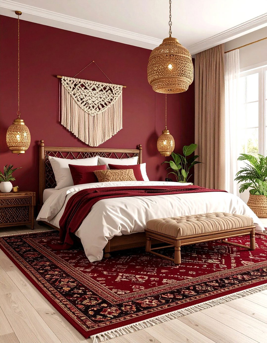 Burgundy Bedroom with Moroccan and Boho Inspired Accents - 20 Burgundy Bedroom Ideas