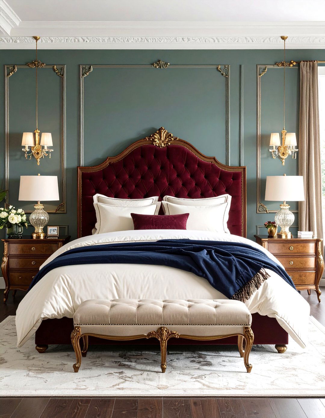 Burgundy Bedroom with Navy Blue and Cream Color Palette - 20 Burgundy Bedroom Ideas