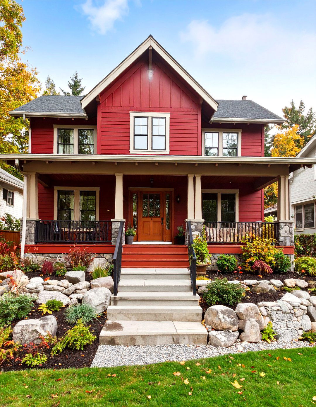 Burgundy Craftsman House Exterior with Stone Accents - 20 Dark Red House Exterior Ideas