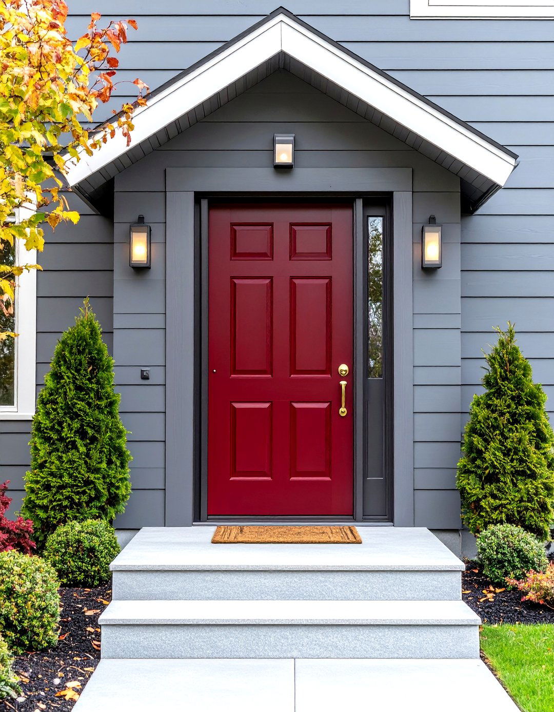 Burgundy Dark Red Front Door Paired with Soft Gray Siding - 20 Dark Red Front Door Ideas