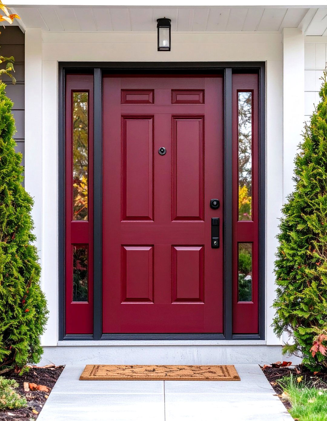 Burgundy Front Door Accented with Matte Black Hardware - 20 Burgundy Front Door Ideas