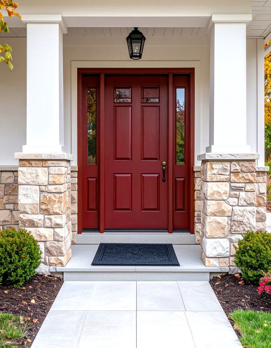 Burgundy Front Door Complemented by Stone Veneer - 20 Burgundy Front Door Ideas