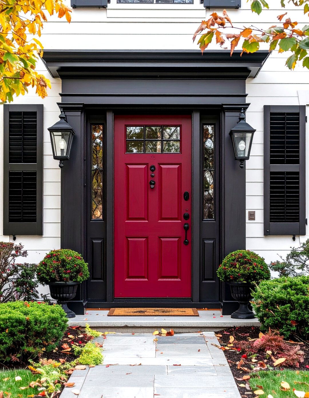 Burgundy Front Door Framed by Black Shutters - 20 Burgundy Front Door Ideas