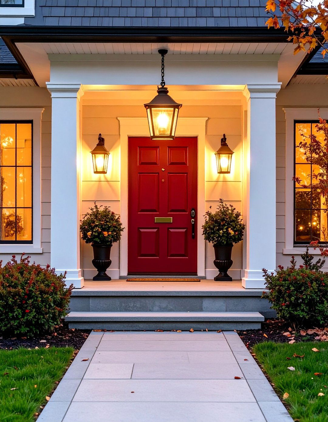 Burgundy Front Door Highlighted by Lantern Lighting - 20 Burgundy Front Door Ideas