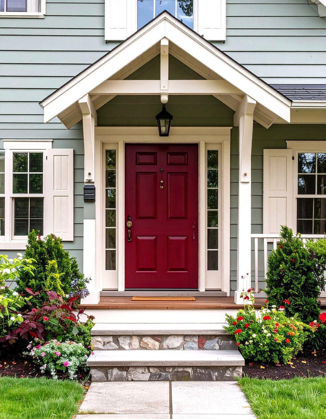 Burgundy Front Door Paired with Sage Green Siding - 20 Burgundy Front Door Ideas