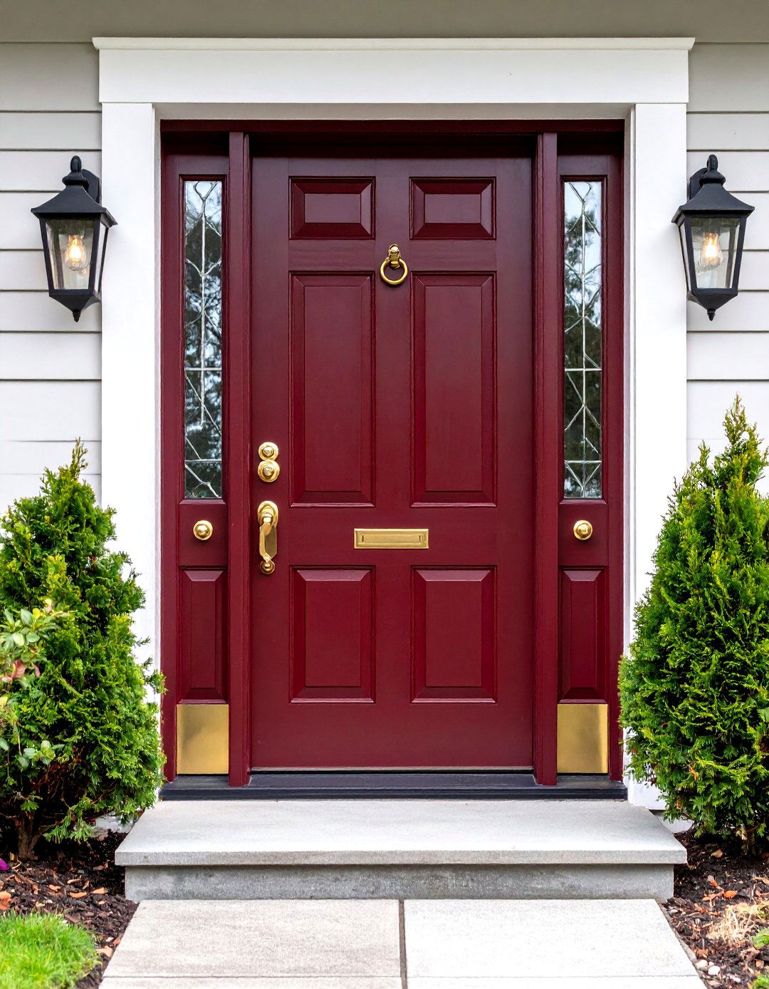 Burgundy Front Door and Brass Hardware Elegance - 20 Burgundy Front Door Ideas
