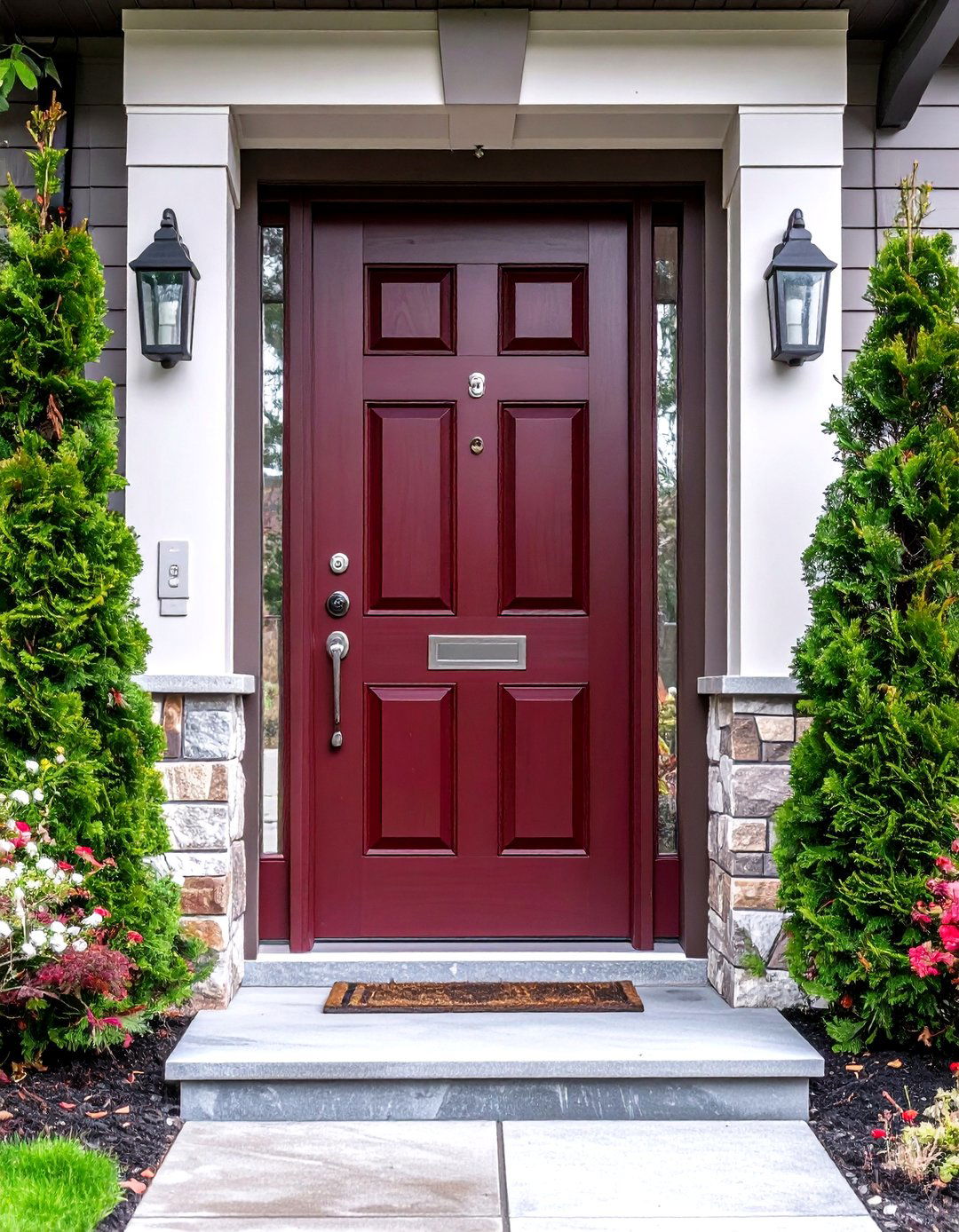 Burgundy Front Door and Pewter Kick Plate Detail - 20 Burgundy Front Door Ideas