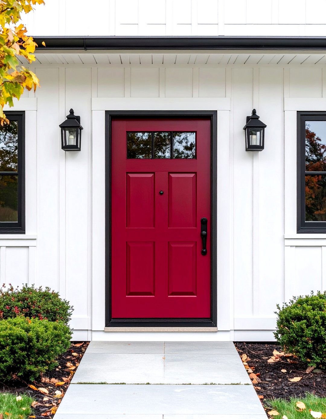 Burgundy Front Door on Modern Farmhouse Faade - 20 Burgundy Front Door Ideas