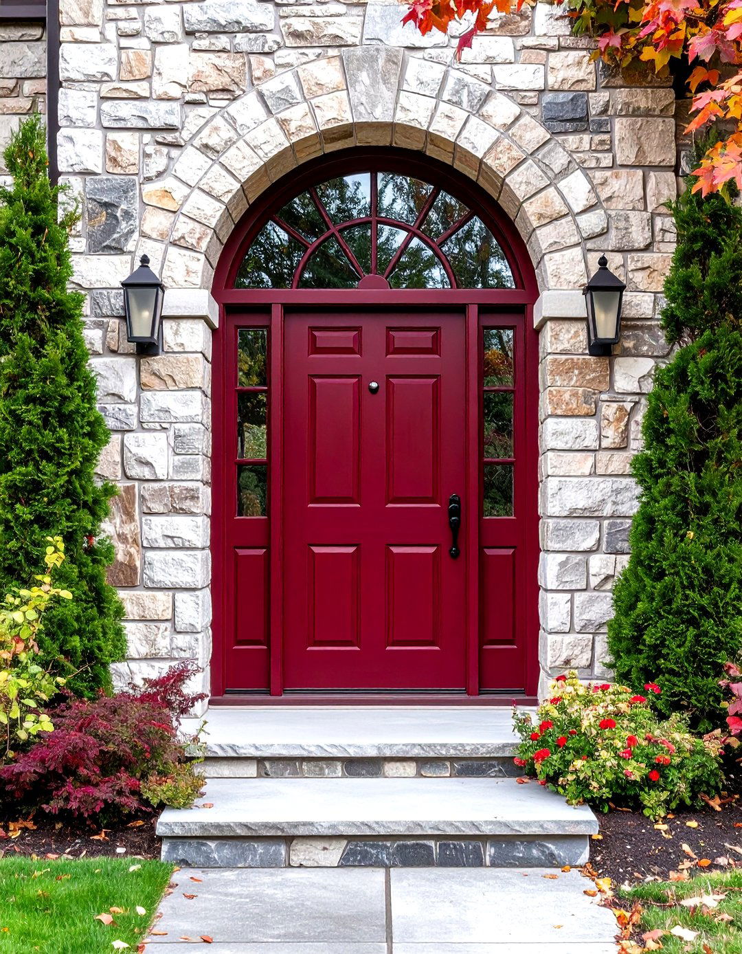 Burgundy Front Door under an Arched Transom Window - 20 Burgundy Front Door Ideas