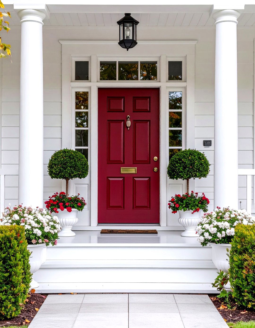 Burgundy Front Door with Classic White Trim - 20 Burgundy Front Door Ideas