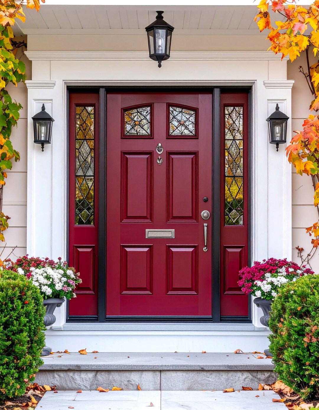 Burgundy Front Door with Leaded Glass Panels - 20 Burgundy Front Door Ideas