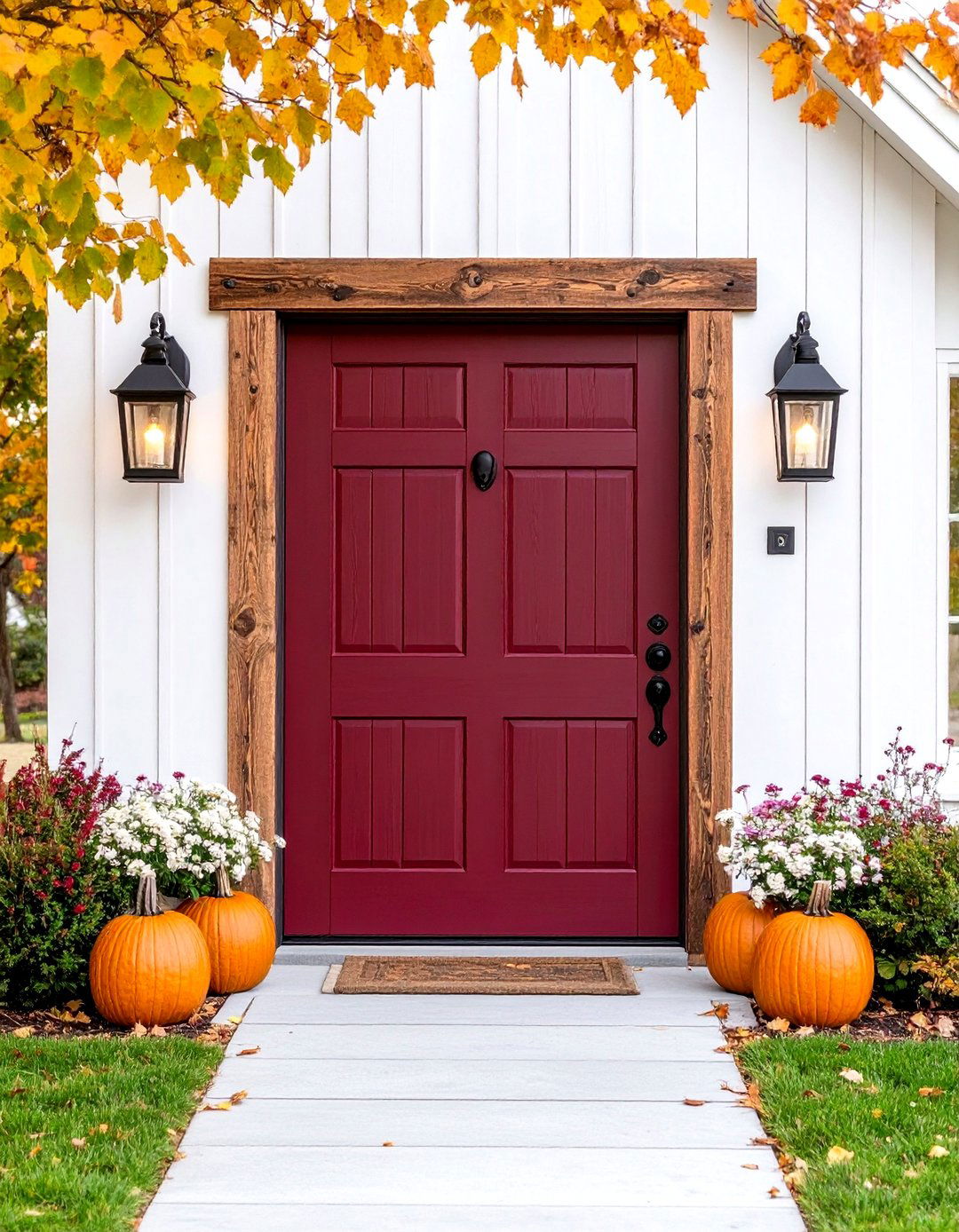 Burgundy Front Door with Rustic Wood Accents - 20 Burgundy Front Door Ideas