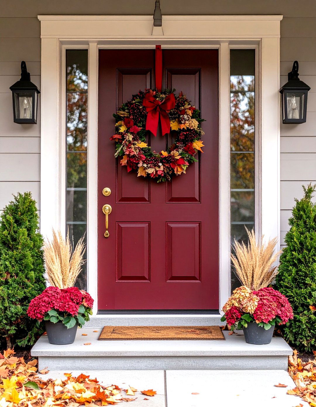 Burgundy Front Door with Seasonal Wreath Display - 20 Burgundy Front Door Ideas
