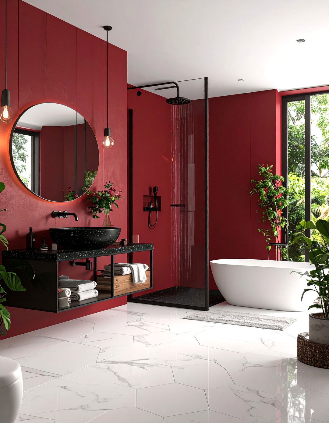 Burgundy High Contrast Black Accents Bathroom - 20 Burgundy Bathroom Ideas